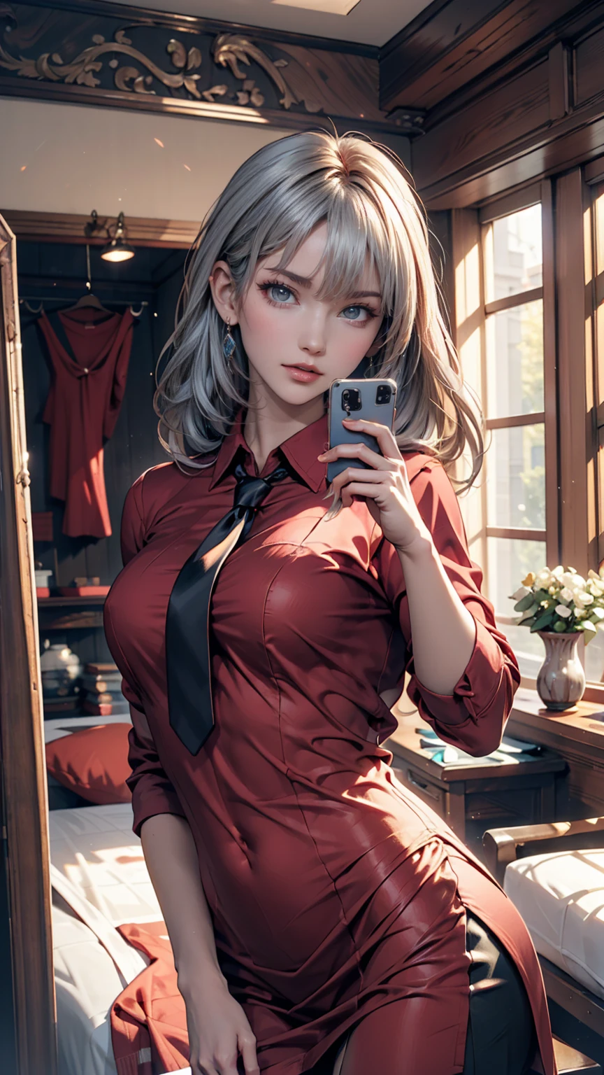 Anime girl wearing a red shirt and black tie taking a photo, Jan J, extremely detailed ArtJam, Tohsaka Rin, ArtJam jsc, Gweiz-style artwork, Beautiful digital art, ArtJam. Attention to detail, range murata and ArtJam, style ArtJam, ig model | ArtJam、24-year-old female、Two Side Up((hair two side up))、Silver Hair、Sexy proportions、Erotic female body、Tie your tie in front of a mirror
