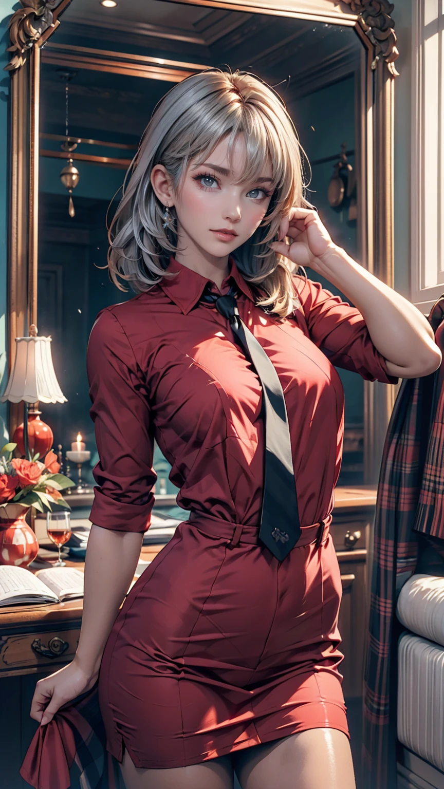 Anime girl wearing a red shirt and black tie taking a photo, Jan J, extremely detailed ArtJam, Tohsaka Rin, ArtJam jsc, Gweiz-style artwork, Beautiful digital art, ArtJam. Attention to detail, range murata and ArtJam, style ArtJam, ig model | ArtJam、24-year-old female、Two Side Up((hair two side up))、Silver Hair、Sexy proportions、Erotic female body、Tie your tie in front of a mirror