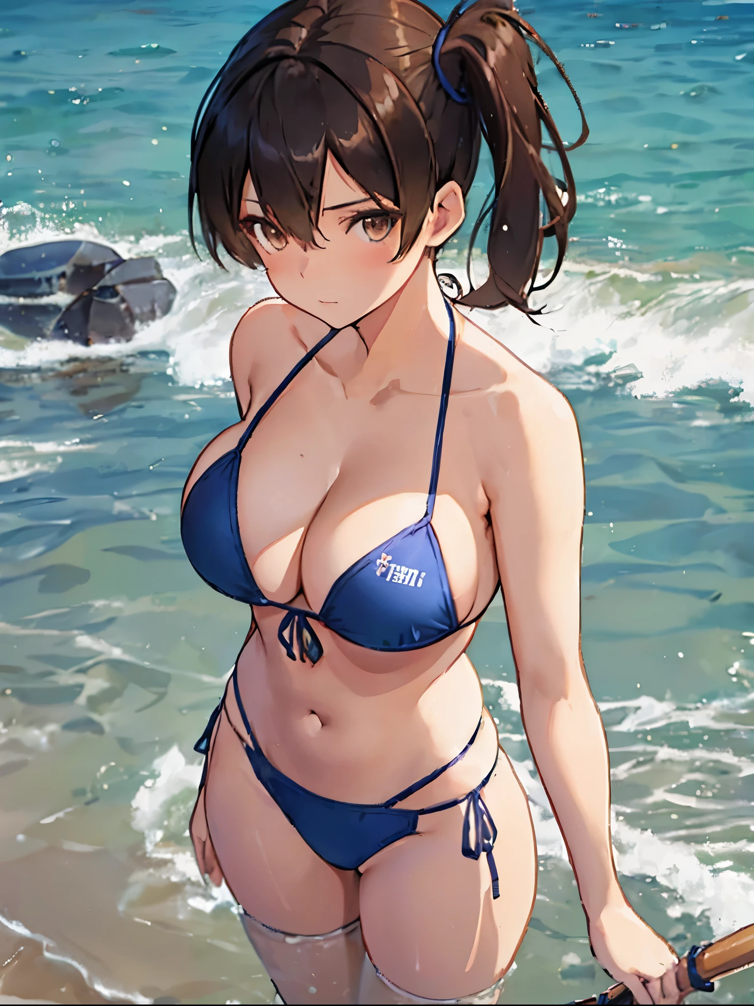 Beautiful illustration、top-quality、Kaga_kantaicollection
brown_hair, Side_Ponytail, brown_Eyes, Short_hair, (gigantic_breasts:1.3) long_hair、Blue Bikini、standing coast_landscape,(abs:0.5),navel,