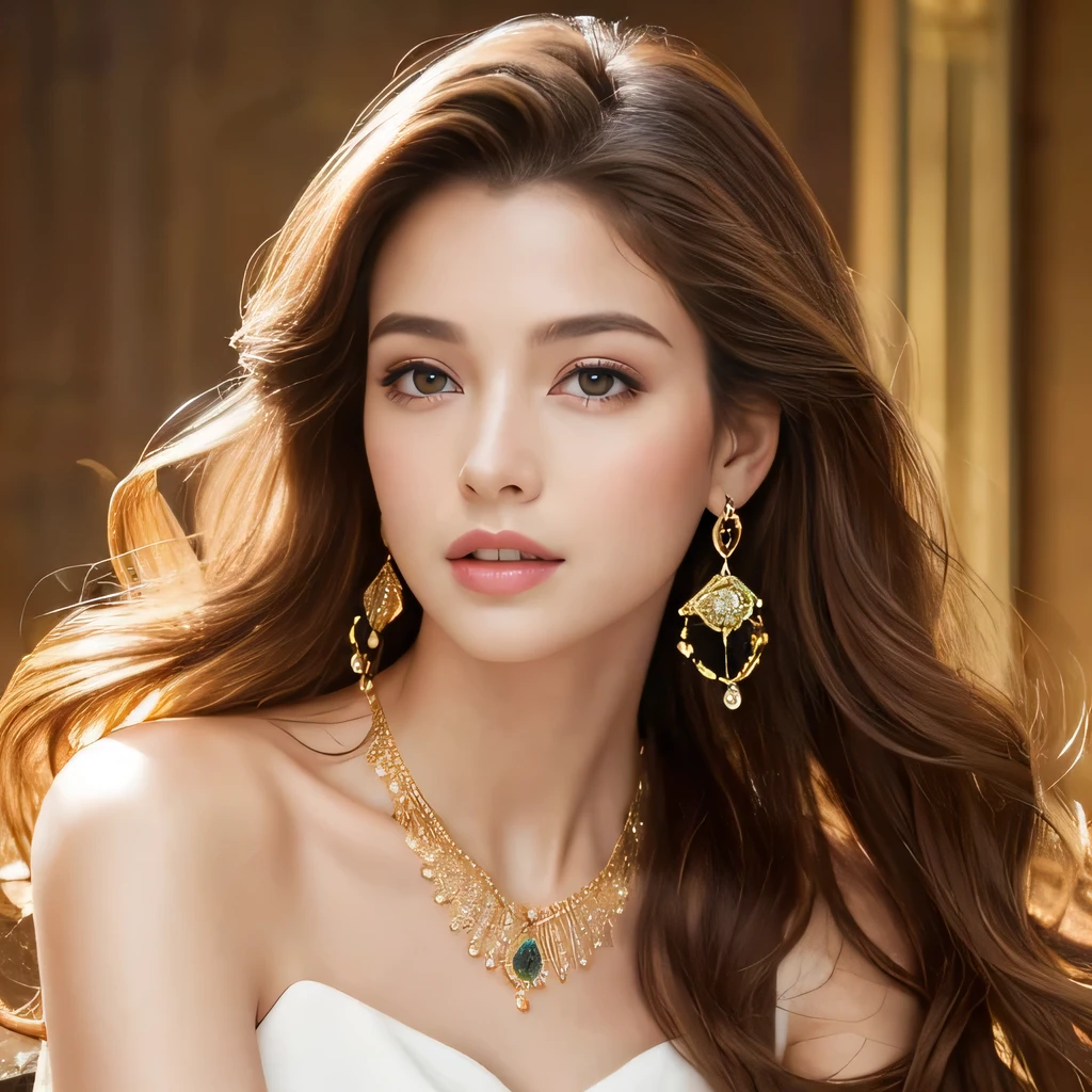 Highest quality,masterpiece,Ultra-high resolution,(Actual:1.4),Original photo,Ultra-high resolution，8k，There are also women，Fair skin，Exquisite makeup，High heels，Long legs，Bright and beautiful woman、Gold Necklace＿Big earrings、Super long brown hair,Hair with loose inward waves,Reach up to the waist,White long slip、Lying on one&#39;s back in a luxurious hotel bed,Grabbing the bedsheets violently with sexual pleasure((sexy gown, Translucent dress, Fantasy long intricate gown, Gorgeous Model,Open dress, Flowing magical flesh robe, Light pink sheer dress