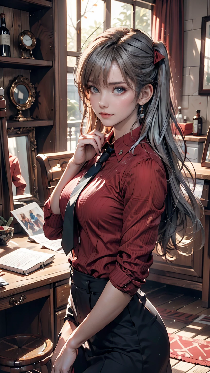 Anime girl wearing a red shirt and black tie taking a photo, Jan J, extremely detailed ArtJam, Tohsaka Rin, ArtJam jsc, Gweiz-style artwork, Beautiful digital art, ArtJam. Attention to detail, range murata and ArtJam, style ArtJam, ig model | ArtJam、24-year-old female、Two Side Up((hair two side up))、Silver Hair、Sexy proportions、Erotic female body、Tie your tie in front of a mirror