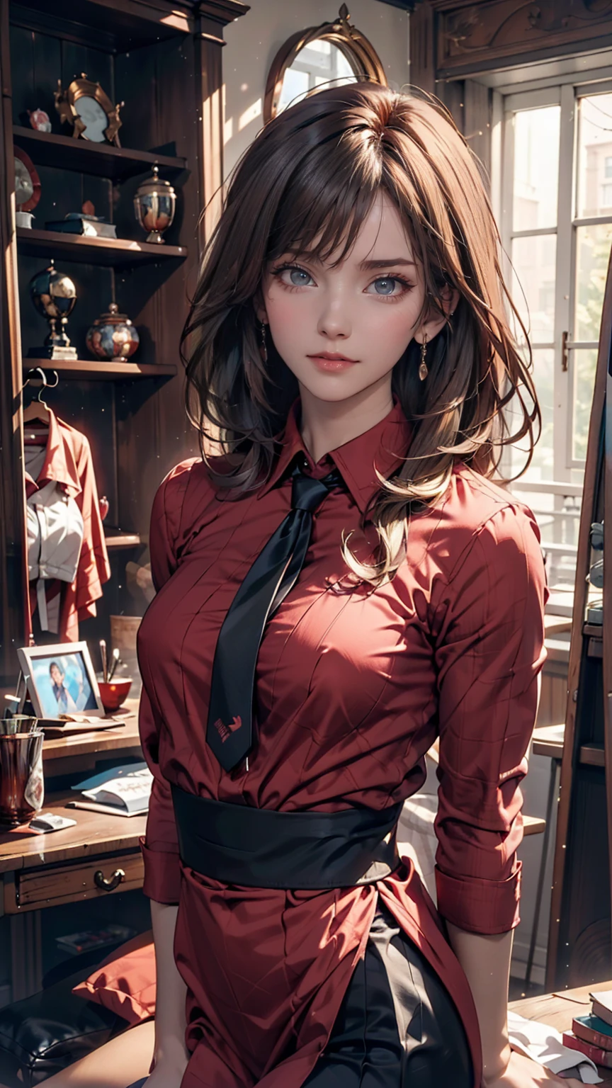 Anime girl wearing a red shirt and black tie taking a photo, Jan J, extremely detailed ArtJam, Tohsaka Rin, ArtJam jsc, Gweiz-style artwork, Beautiful digital art, ArtJam. Attention to detail, range murata and ArtJam, style ArtJam, ig model | ArtJam、24-year-old female、Two Side Up((hair two side up))、Silver Hair、Sexy proportions、Erotic female body、Tie your tie in front of a mirror