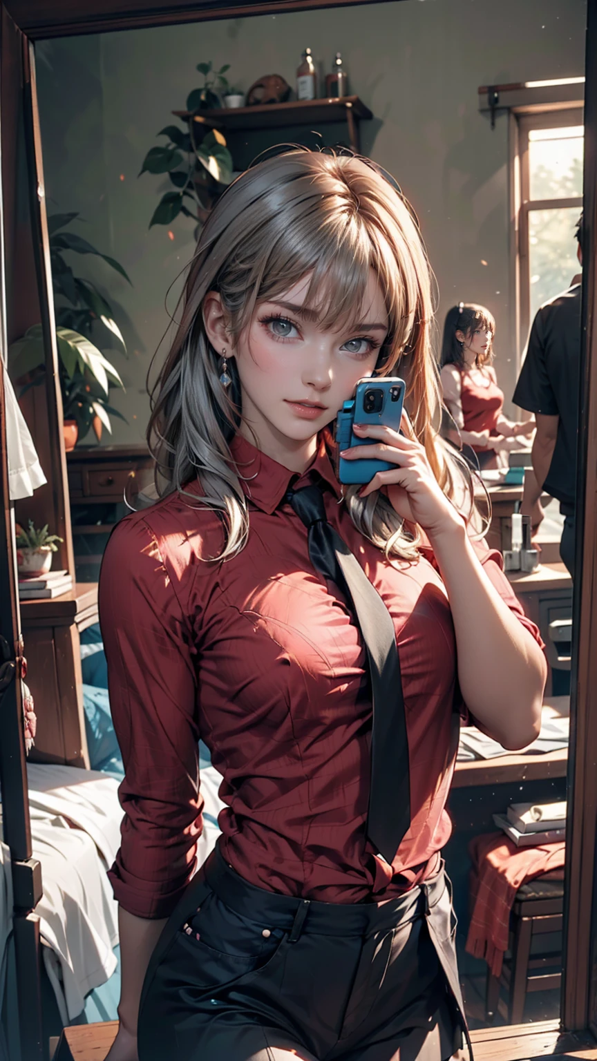 Anime girl wearing a red shirt and black tie taking a photo, Jan J, extremely detailed ArtJam, Tohsaka Rin, ArtJam jsc, Gweiz-style artwork, Beautiful digital art, ArtJam. Attention to detail, range murata and ArtJam, style ArtJam, ig model | ArtJam、24-year-old female、Two Side Up((hair two side up))、Silver Hair、Sexy proportions、Erotic female body、Tie your tie in front of a mirror