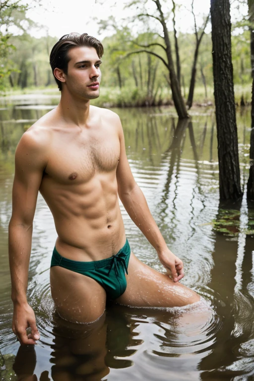 A tall handsome young man bathing in a nice swamp
