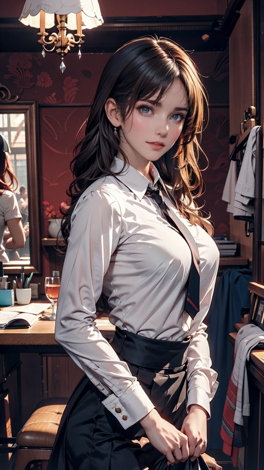 Anime girl wearing a red shirt and black tie taking a photo, Jan J, extremely detailed ArtJam, Tohsaka Rin, ArtJam jsc, Gweiz-style artwork, Beautiful digital art, ArtJam. Attention to detail, range murata and ArtJam, style ArtJam, ig model | ArtJam、24-year-old female、Two Side Up((hair two side up))、Silver Hair、Sexy proportions、Erotic female body、Tie your tie in front of a mirror