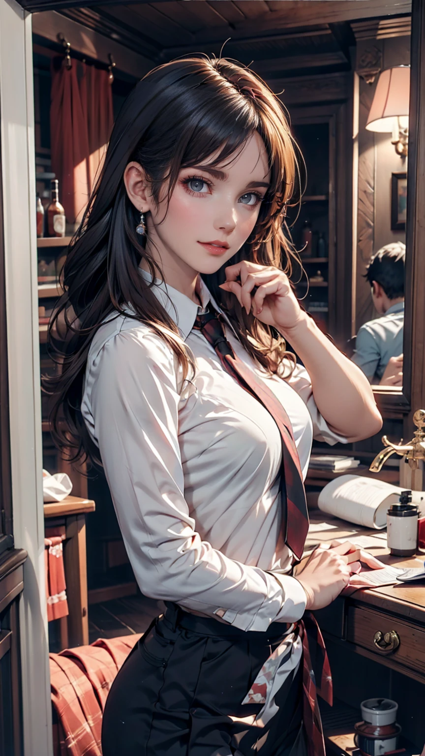Anime girl wearing a red shirt and black tie taking a photo, Jan J, extremely detailed ArtJam, Tohsaka Rin, ArtJam jsc, Gweiz-style artwork, Beautiful digital art, ArtJam. Attention to detail, range murata and ArtJam, style ArtJam, ig model | ArtJam、24-year-old female、Two Side Up((hair two side up))、Silver Hair、Sexy proportions、Erotic female body、Tie your tie in front of a mirror