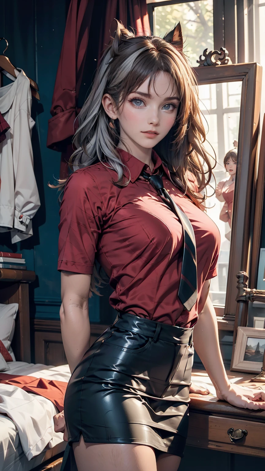 Anime girl wearing a red shirt and black tie taking a photo, Jan J, extremely detailed ArtJam, Tohsaka Rin, ArtJam jsc, Gweiz-style artwork, Beautiful digital art, ArtJam. Attention to detail, range murata and ArtJam, style ArtJam, ig model | ArtJam、24-year-old female、Two Side Up((hair two side up))、Silver Hair、Sexy proportions、Erotic female body、Tie your tie in front of a mirror