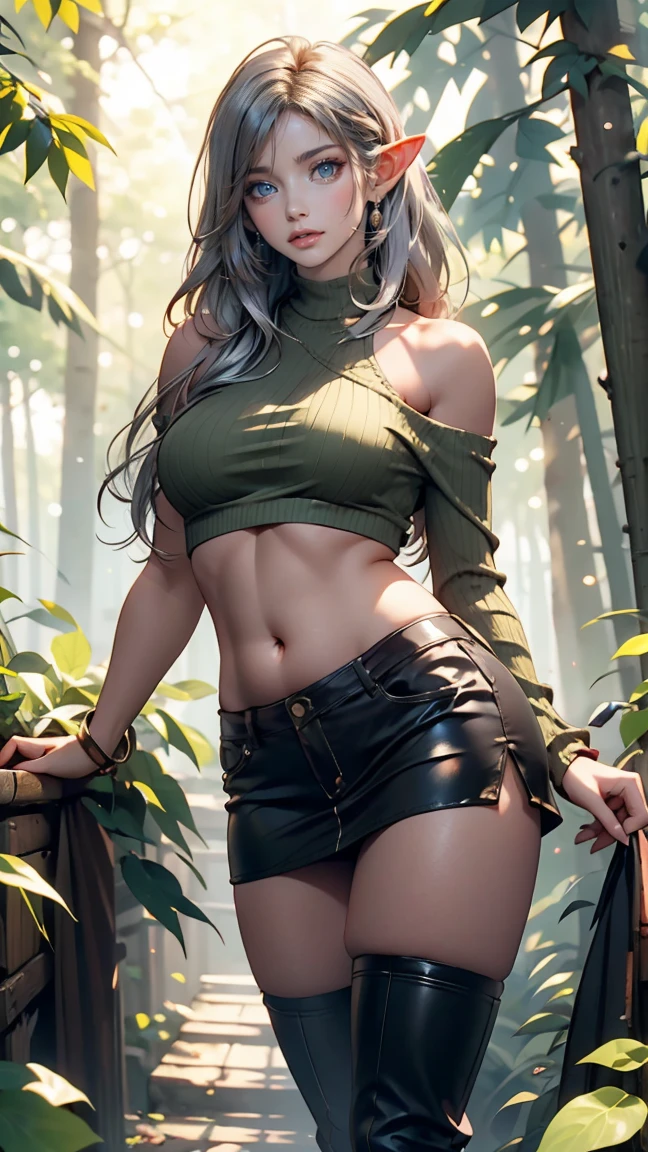 24 year old elf woman、Wear a green one-shoulder top、Visible lower milk、I can see my belly button、toned body、narrow waisted、Wear a miniskirt、Wear long boots、sexly、ombre、rot、long hair、silver hair、Being in the forest