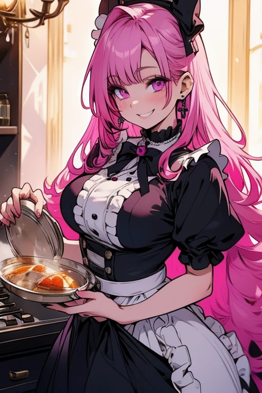 Perfect face. Perfect hands. A pink haired woman with violet eyes and an hourglass figure in a Lolita maid's outfit is serving dinner in a fancy maid cafe with a big smile