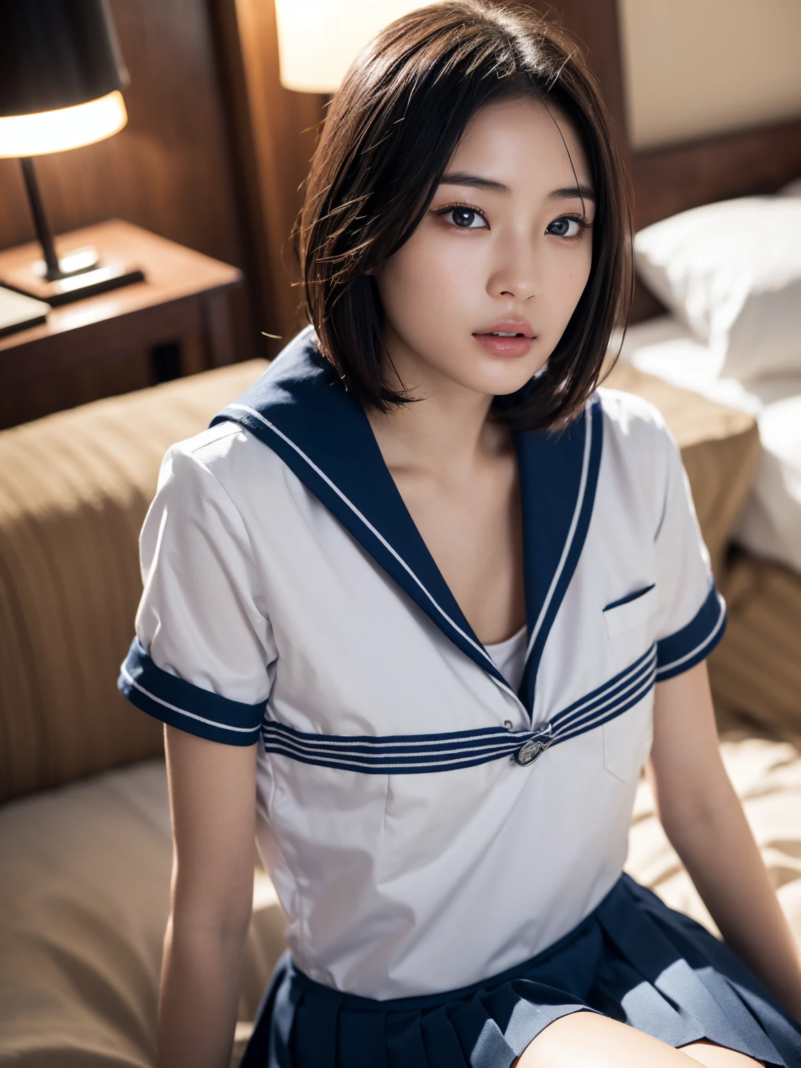 (masterpiece), Very detailed, Ultra-high resolution, Realistic, photo Realistic, High-resolution RAW color photos, Professional photos, Sharp focus, (Very detailed顔と肌の質感, Very beautiful eyes, Glossのある肌, Glowing Skin, Glowing Skin, Shining Face, Gloss, Oily skin, greasy face, Oily skin, greasy face,),, (real Glossのある肌 texture), Perfect Anatomy, Very detailed背景,((Hotel Bed)),(1 female,25-year-old woman, Japanese women),Thin legs:1.3,(short hair, Straight hair, bangs, Brown Hair),(Flat Chest:1.6), (((Japanese Sailor Suit,Japanese school sailor uniform, Pleated skirt)))、((((Strip uniforms))))