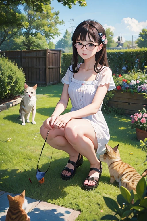 Highest quality、masterpiece、High sensitivity、High resolution、Detailed Description、Slender women、Glasses、Summer clothes、Playing with cats、
