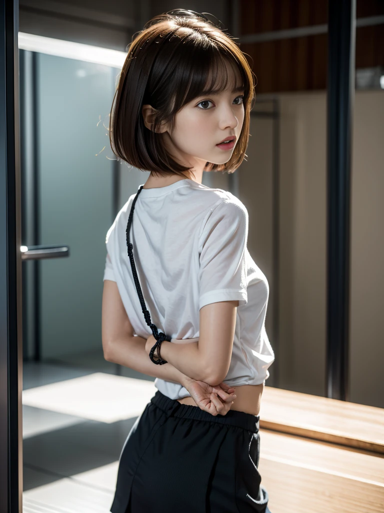 Put your hands behind your back、Put your wrists together、Wrap a rope around your wrist three times、shibari、Beauty、20-year-old、university student、Well-balanced proportions、Small face、Wear a short-sleeved blouse、Wearing a skirt、Anatomically correct body、The whole body is visible、, light brown hair, parted bangs, straight hair, symbol-shaped pupils, parted lips, horrified, short hair, expressive hair, shiny hair, Surrealism, Verism, cinematic lighting, depth of field, first-person view, from behind, f/1.2, Nikon, tachi-e, UHD, high quality, best quality, highres, 8k