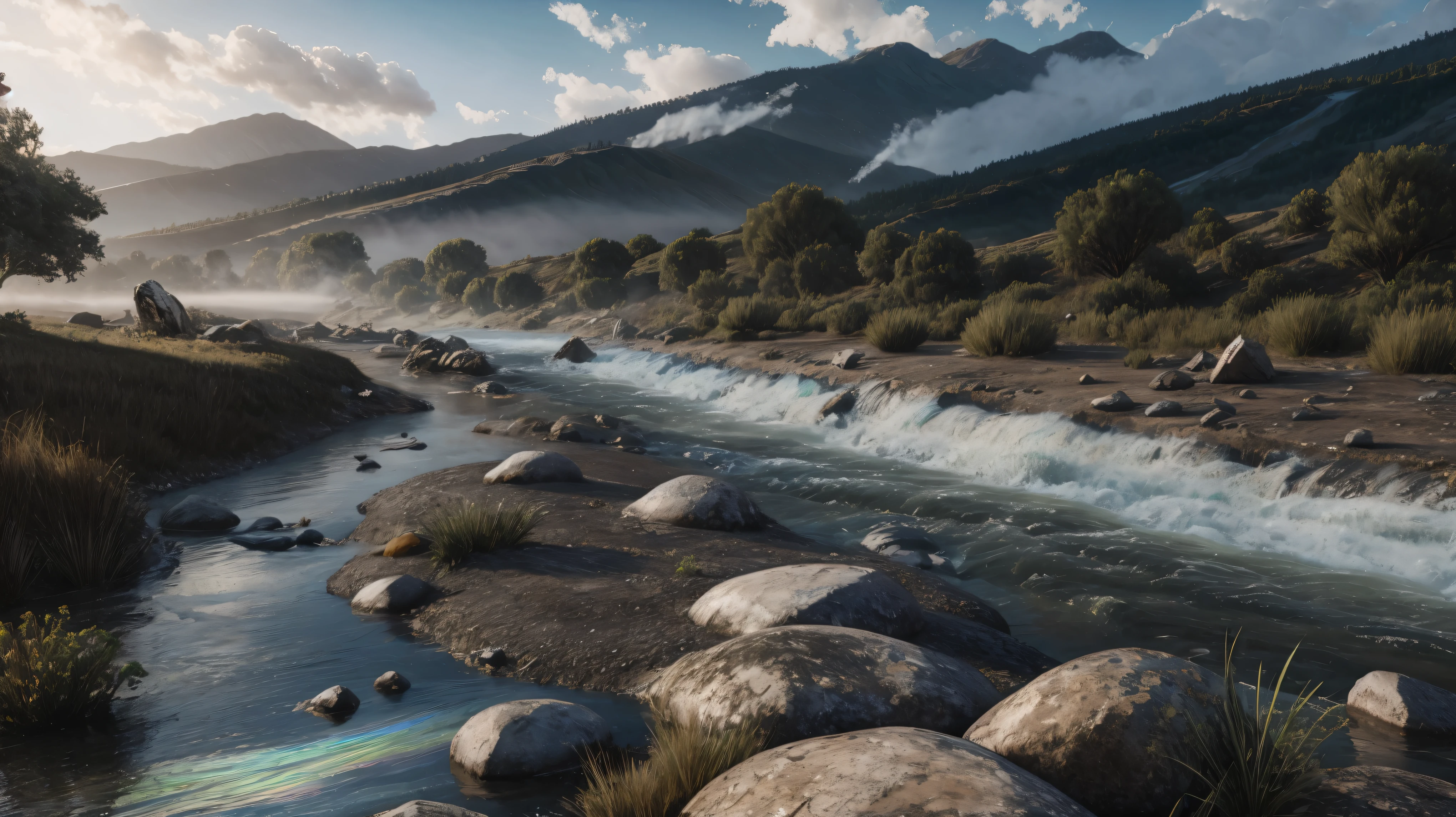 ((Masterpiece)), Hyperrealistic, amazing unreal engine, LUMA:0.015, very intricate details, add_details:1, S=1/650, (depth of field:1500mm), focus on details:1.1, "Imagine a swollen river devastating the towns through which it flows, within the river bed you can see rotten remains of cadaverous animal fauna, clouds of steam emerge from the river bed, along with a strange and mysterious fog, (moss on the rocks: 0.58), iridescent reflex over the water:0.06, (The running water splashes the rocks and causes the splashes to be seen where the light is reflected:0.4)".