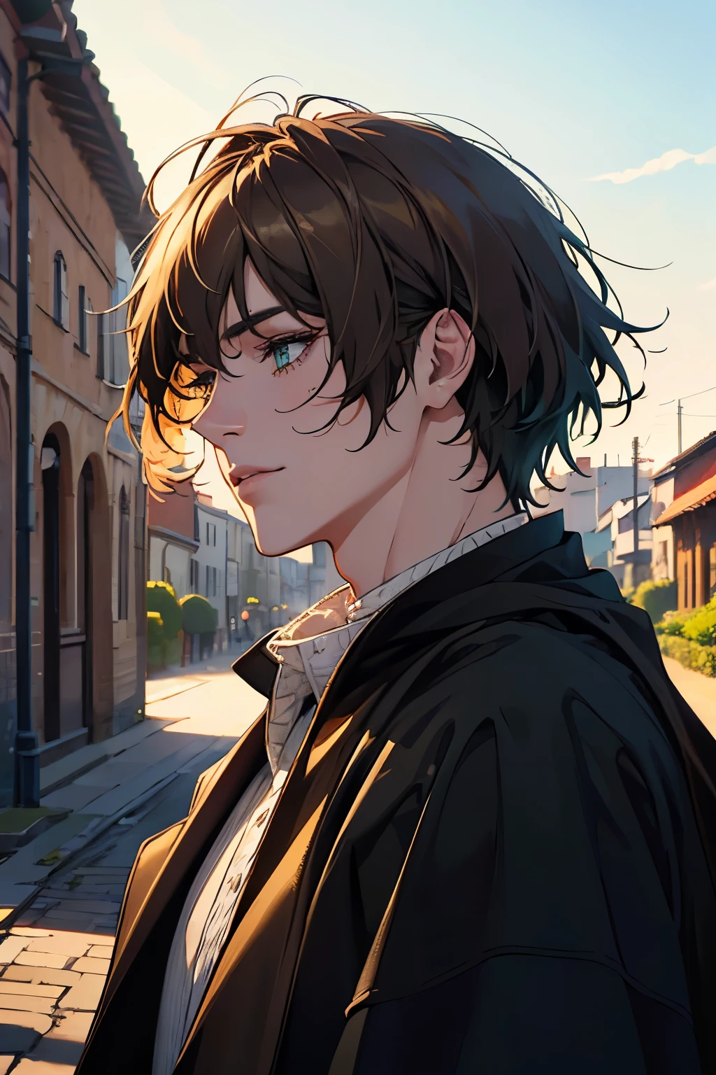 a 20 year old man, short brown hair, green eyes, pale skin, skinny, cold smile, dark blue robe, white brick streets background, (best quality,4k,8k,highres,masterpiece:1.2),ultra-detailed,(realistic,photorealistic,photo-realistic:1.37),detailed face, beautiful detailed eyes, beautiful detailed lips, extremely detailed eyes and face, long eyelashes, vibrant colors, natural lighting, serene, peaceful, countryside, golden hour, cinematic