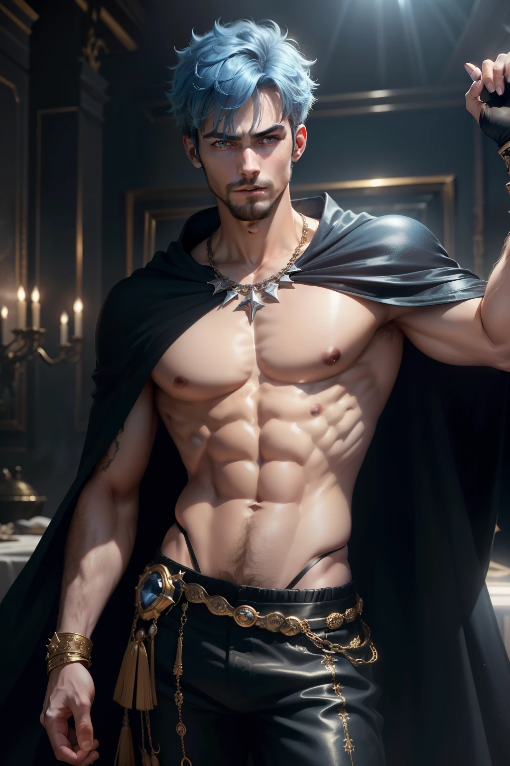 (8k,shipmentsrrealista shipments Maximum quality;1.4) (ung boy) Super cute hairy torso of the king of the underworld (lifelike face) (Short hair sky blue hair) slenderbody Muscular and macho Black and starry aristocratic costume with large sky blue eyes starry decoration Fangs peeking out of the mouth Pointed claws a seductive gaze Beautiful expression A hyper-realistic (King of the Underworld) appealing (real looking skin) super high resolution high détail Black and starry luxury pants Sky blue aura emanating from the body effect black robe