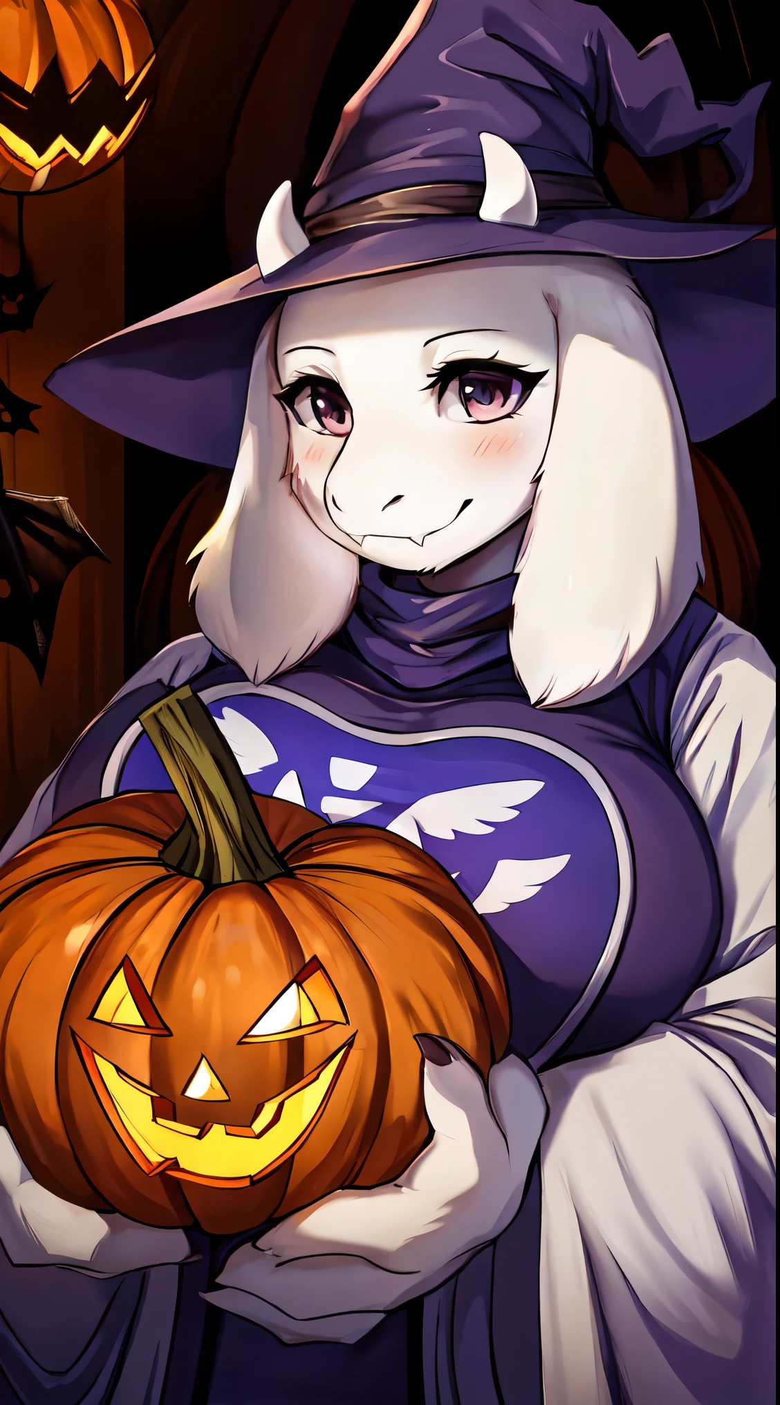 witch and pumpkin with a broom and a pumpkin, Great real life mom, Halloween art style, she is a pumpkin, By Kamisaka Sekka, witch academy, witch academy, High quality fanart, trick or treat, Beautiful, witch girl, in a halloween style, women((Toriel)) witch, witch, Beautiful, witch, By Shingei,  ((Toriel)), ((female, the second, goat)), big breast neckline, breasts with cleavage, clothes with neckline, bust to show