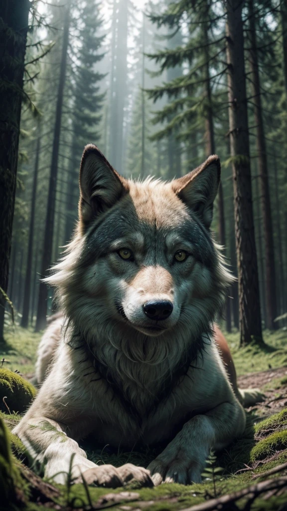 Create a scenario for a mobile wallpaper, the style is an image of a forest with a wolf with green eyes, it is in the center of the image, the background of the forest is dark, and the tone of the image is in dark green slime, moss, the whole scenario is in cinematic style, with a lot of details,  ultra realistic. 