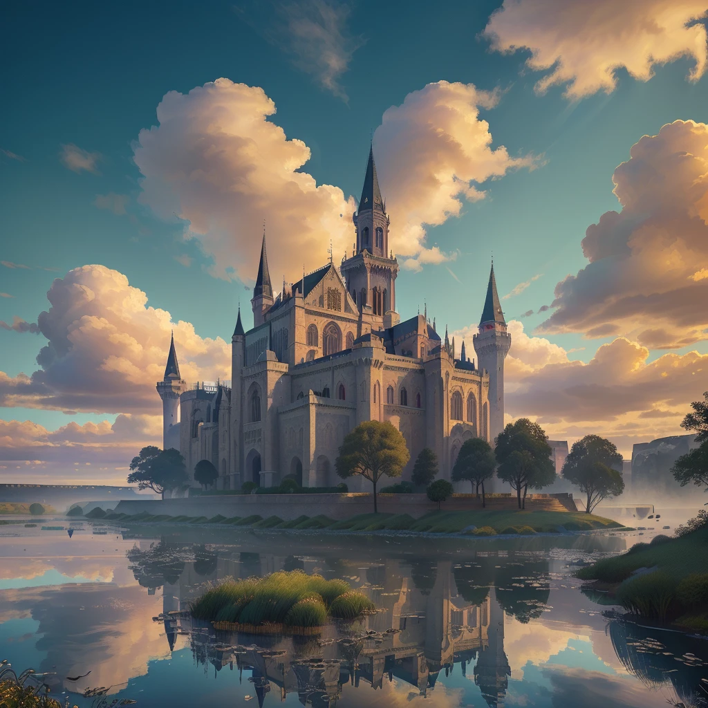 (best quality,4k,8k,highres,masterpiece:1.2),ultra-detailed,(realistic,photorealistic,photo-realistic:1.37), colossal and ornate gothic castle, overlooking a pristine river, stunning reflection, detailed crystalline structures, intricate facets, radiant lighting, vibrant colors, dramatic shadows, fantasy landscape, ethereal atmosphere, cinematic composition