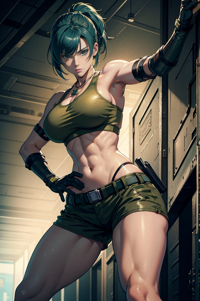 masterpiece, The best quality at the best., A high resolution, 1 girl, Leona Heidern, For the blue, blue eyes, Horsetails, green shorts, neckline，In your stomach, crop top, black gloves, big_old, Military suit, green jacket,  jewelry, belly button, huge tit, cowboy shot