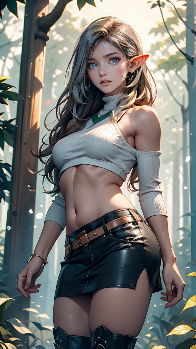 24 year old elf woman、Wear a green one-shoulder top、Visible lower milk、I can see my belly button、toned body、narrow waisted、Wear a miniskirt、Wear long boots、sexly、ombre、rot、long hair、silver hair、Being in the forest