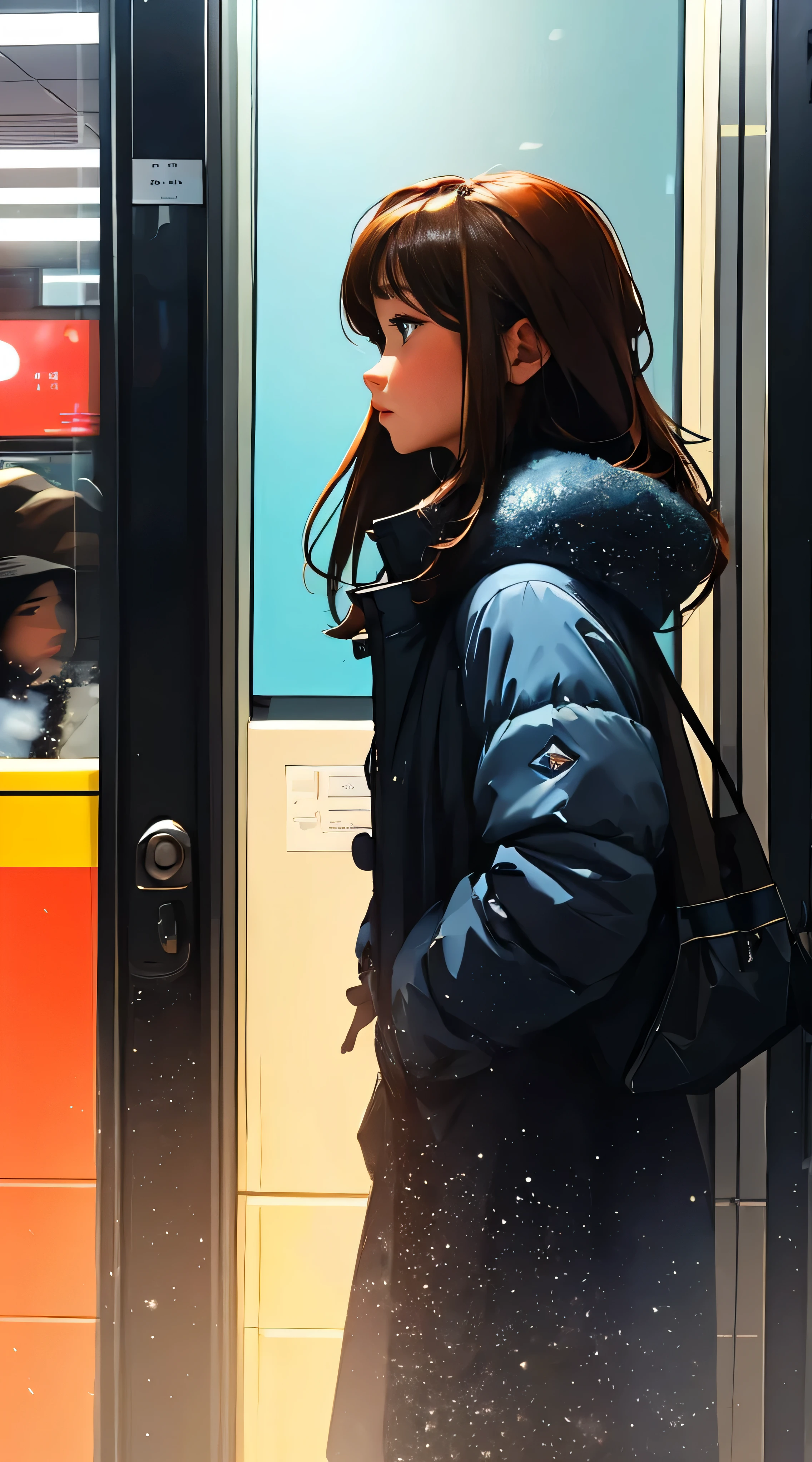 Man looking at the scenery outside the window in front of the subway door,A woman looking at the woman from the side,vivid colors, soft focus, Light leakage, dreamy winter atmosphere, experimental charm, Retro charm break color field painting, A variety of colors, abstract expressionism, bold hues, emotional impact, atmospheric depth, Minimalist approach BREAK, Beautiful girl, UHD (ultra detail) Viewers watching him wearing hip-hop style padding.., another, fancy, long, hair dyed brown 🌈, bright padded clothing, White stardust in dark areas, absurd, high resolution, very detailed, (1 male 1 female : 1.3), vivid colors, soft focus, Light leakage, dreamy atmosphere, information