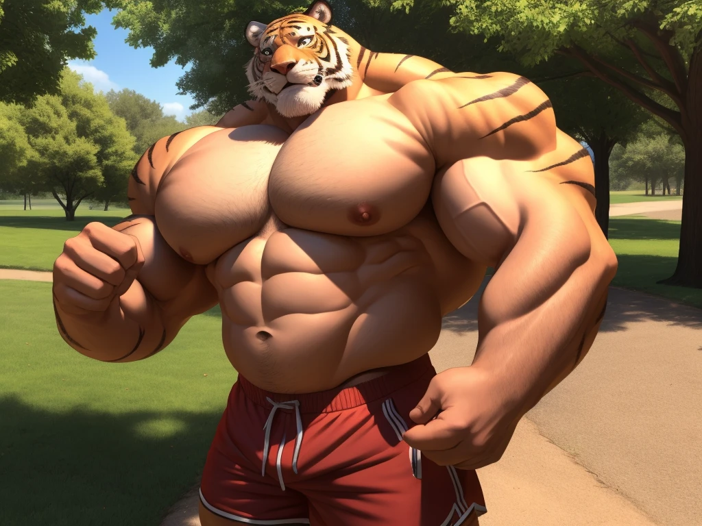 1boy, 1man, solo, (furry tiger), Park, extremely huge muscular, massive muscular , (topless, shirtless, shorts), well-muscled old man. ((extremely muscle size, super thick arms, huge pec, hyper pec, bigger chest, extremely wide pectoral , huge arms)), fluffy chest, wide smiling. Add textures and details to make the image more realistic, such as the appearance of the. Make sure the resulting image is high resolution, 8K quality