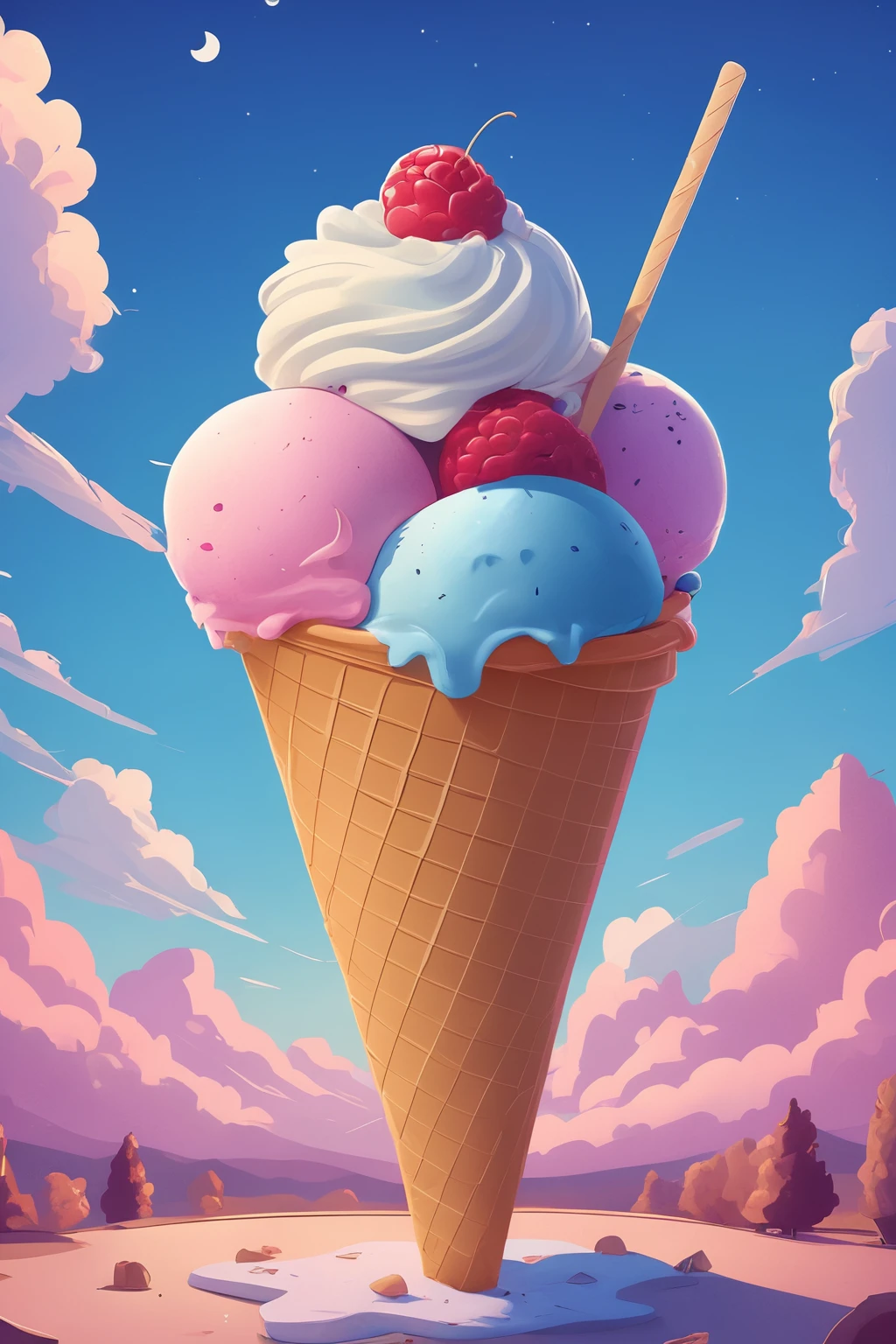 ice cream, no humans, food, sky, ice cream cone, cloud, food focus, blurry, moon, soft serve, blue sky, outdoors, still life, Please redesign the design with a lot of changes, make it cute and adorable,