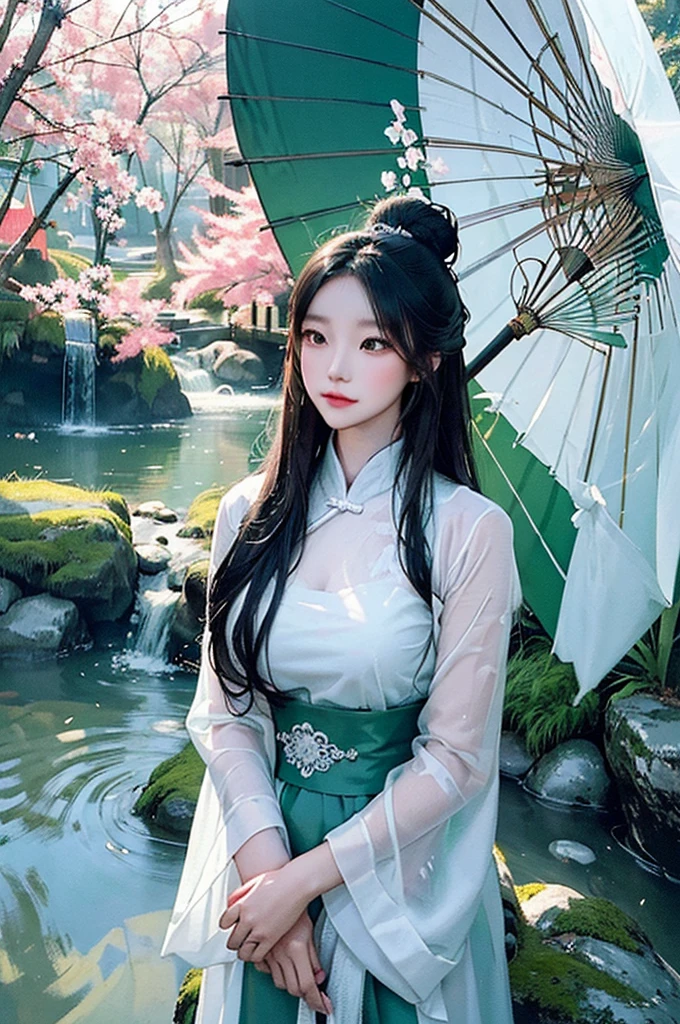 painting of a woman dressed in traditional Chinese dress with a bamboo umbrella, in the style of romantic manga, ethereal transparency, dark white and light gray, i can't believe how beautiful this is, romantic illustrations, dark white and light green, feminine sensibilities --ar 71:128 --stylize 750 --v 6