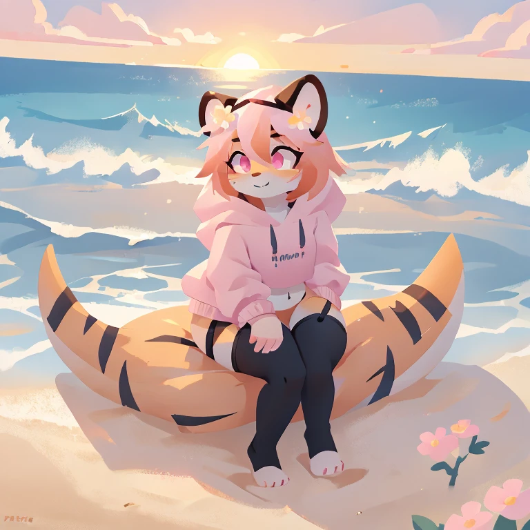 a female tigershark with extremely wide hips, extremely humongous thick thighs, large breasts, skinny, long pink hair, light pink body with  white stripes, and light pink highlights, pink attractive eyes, and a short rounded snoot, black crop top hoodie, strips of thin black panties, and black thighhighs, huge thick light pink tiger-shark tail with white stripes, big pink flower crown, sitting down on the beach, looking into the sunset with tail swaying off to the right