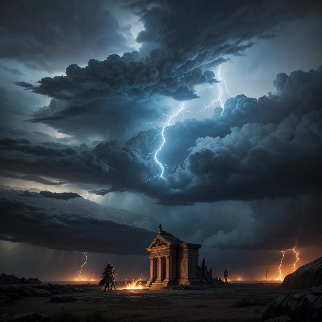 Create a dramatic and epic album cover for a power metal band titled "Echoes of the Thunderforge". The design should reflect the themes of thunder, forging, and a grand, mythical atmosphere.

Central Imagery:

Forge and Lightning: The centerpiece of the cover should be a powerful forge, glowing with intense heat and surrounded by roaring flames. Above or around the forge, depict dramatic lightning bolts or thunderclouds to symbolize the thunder aspect.
Forge Master: Include a central figure, such as a mythical blacksmith or a warrior, engaged in forging a legendary weapon or artifact. The figure should appear strong and determined, with elements of metal and fire in the scene.
Background:

Stormy Atmosphere: The background should be a dark, stormy sky filled with lightning and swirling clouds. The tempestuous atmosphere should enhance the sense of power and turmoil.
Echoing Effects: Add visual effects to represent the "echoes" theme, such as ripples or waves of energy emanating from the forge, hinting at the impact and legacy of the thunderous power.
Color Scheme:

Primary Colors: Use a palette dominated by dark blues, electric blues, and metallic silvers to represent the storm and forge. Include fiery oranges and reds to capture the heat of the forge and the power of lightning.
Accents: Incorporate glowing accents and highlights to create a sense of energy and dynamism.
Additional Elements:

Mythical Symbols: Include runes or ancient symbols related to thunder and forging around the border or subtly integrated into the design.
Title and Band Name: Place the album title "Echoes of the Thunderforge" prominently on the cover in a bold, metallic font. Ensure the band's name, "Thunderforge," is also clearly visible, styled in a way that complements the overall design.
Overall Mood:

The cover should convey a sense of epic scale and mythical grandeur, capturing the powerful and intense essence of the album. It should appeal to fans of power metal and speed metal, invokin