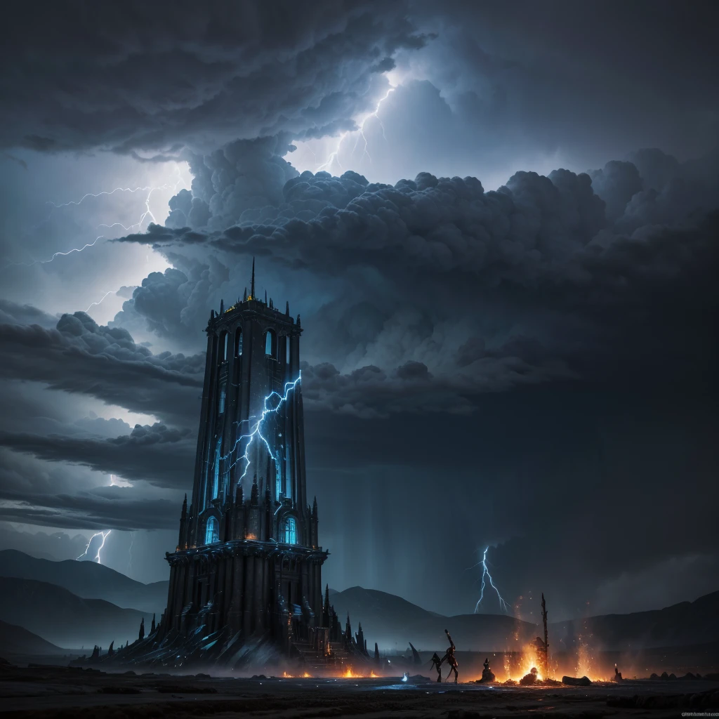 Create a dramatic and epic album cover for a power metal band titled "Echoes of the Thunderforge". The design should reflect the themes of thunder, forging, and a grand, mythical atmosphere.
Central Imagery:
Forge and Lightning: The centerpiece of the cover should be a powerful forge, glowing with intense heat and surrounded by roaring flames. Above or around the forge, depict dramatic lightning bolts or thunderclouds to symbolize the thunder aspect.
Forge Master: Include a central figure, such as a mythical blacksmith or a warrior, engaged in forging a legendary weapon or artifact. The figure should appear strong and determined, with elements of metal and fire in the scene.
Background:
Stormy Atmosphere: The background should be a dark, stormy sky filled with lightning and swirling clouds. The tempestuous atmosphere should enhance the sense of power and turmoil.
Echoing Effects: Add visual effects to represent the "echoes" theme, such as ripples or waves of energy emanating from the forge, hinting at the impact and legacy of the thunderous power.
Color Scheme:
Primary Colors: Use a palette dominated by dark blues, electric blues, and metallic silvers to represent the storm and forge. Include fiery oranges and reds to capture the heat of the forge and the power of lightning.
Accents: Incorporate glowing accents and highlights to create a sense of energy and dynamism.
Additional Elements:
Mythical Symbols: Include runes or ancient symbols related to thunder and forging around the border or subtly integrated into the design.
Title and Band Name: Place the album title "Echoes of the Thunderforge" prominently on the cover in a bold, metallic font. Ensure the band's name, "Thunderforge," is also clearly visible, styled in a way that complements the overall design.
Overall Mood:
The cover should convey a sense of epic scale and mythical grandeur, capturing the powerful and intense essence of the album. It should appeal to fans of power metal and speed metal, invokin