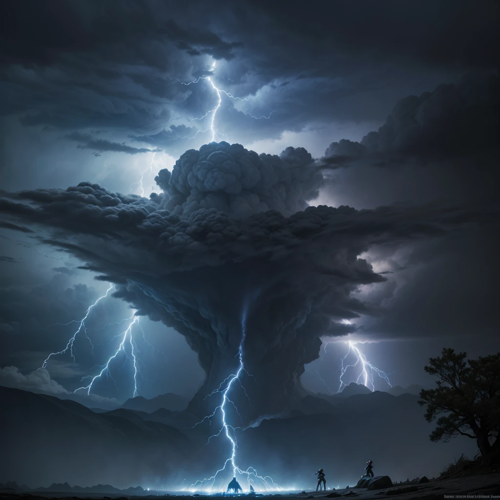 Create a dramatic and epic album cover for a power metal band titled "Echoes of the Thunderforge". The design should reflect the themes of thunder, forging, and a grand, mythical atmosphere.
Central Imagery:
Forge and Lightning: The centerpiece of the cover should be a powerful forge, glowing with intense heat and surrounded by roaring flames. Above or around the forge, depict dramatic lightning bolts or thunderclouds to symbolize the thunder aspect.
Forge Master: Include a central figure, such as a mythical blacksmith or a warrior, engaged in forging a legendary weapon or artifact. The figure should appear strong and determined, with elements of metal and fire in the scene.
Background:
Stormy Atmosphere: The background should be a dark, stormy sky filled with lightning and swirling clouds. The tempestuous atmosphere should enhance the sense of power and turmoil.
Echoing Effects: Add visual effects to represent the "echoes" theme, such as ripples or waves of energy emanating from the forge, hinting at the impact and legacy of the thunderous power.
Color Scheme:
Primary Colors: Use a palette dominated by dark blues, electric blues, and metallic silvers to represent the storm and forge. Include fiery oranges and reds to capture the heat of the forge and the power of lightning.
Accents: Incorporate glowing accents and highlights to create a sense of energy and dynamism.
Additional Elements:
Mythical Symbols: Include runes or ancient symbols related to thunder and forging around the border or subtly integrated into the design.
Title and Band Name: Place the album title "Echoes of the Thunderforge" prominently on the cover in a bold, metallic font. Ensure the band's name, "Thunderforge," is also clearly visible, styled in a way that complements the overall design.
Overall Mood:
The cover should convey a sense of epic scale and mythical grandeur, capturing the powerful and intense essence of the album. It should appeal to fans of power metal and speed metal, invokin
