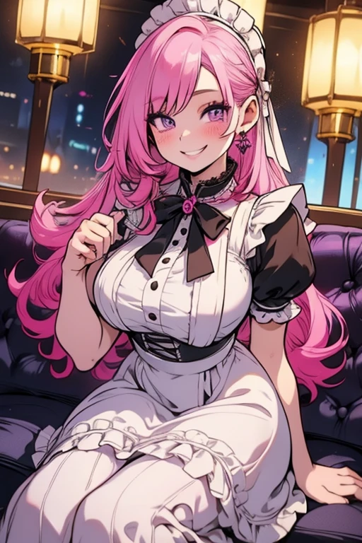 Perfect face. Perfect hands. A pink haired woman with violet eyes and an hourglass figure in a Lolita maid's outfit is sitting on a stool in a fancy maid cafe with a big smile