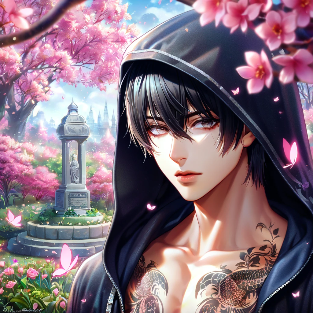absurdres, highres, ultra detailed, HDR, master piece, best quality, extremely detailed face, delicated features, Zhang Qiling, black hair, expressive gray eyes, hair between the eyes, with bangs, The Lost Tomb, solo, sexy man, handsome, dark blue hooded coat, without shirt, dragon tattoo on the chest, Fingerless tactical black gloves, fantasy, magical, pink butterflies, spring, pink leaves, pink flowers, garden