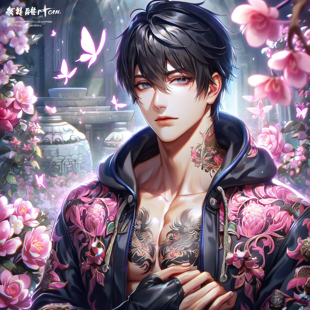 absurdres, highres, ultra detailed, HDR, master piece, best quality, extremely detailed face, delicated features, Zhang Qiling, black hair, expressive gray eyes, hair between the eyes, with bangs, The Lost Tomb, solo, sexy man, handsome, dark blue hooded coat, without shirt, dragon tattoo on the chest, Fingerless tactical black gloves, fantasy, magical, pink butterflies, spring, pink leaves, pink flowers, garden