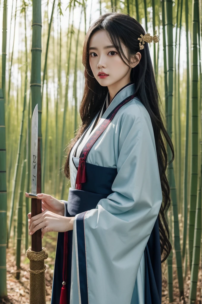 (dramatic, gritty, intense:1.4), masterpiece, best quality, 8k, insane details, intricate details, hyperdetailed, hyper quality, high detail, ultra detailed, Masterpiece, 1girl, solo, hanfu, dress, red ribbon, jewelry, wind, long sleeves, long hair, hair ornament, tassel, holding weapon, sword, looking at viewer, realistic, bamboo grove, Chinese architecture, 