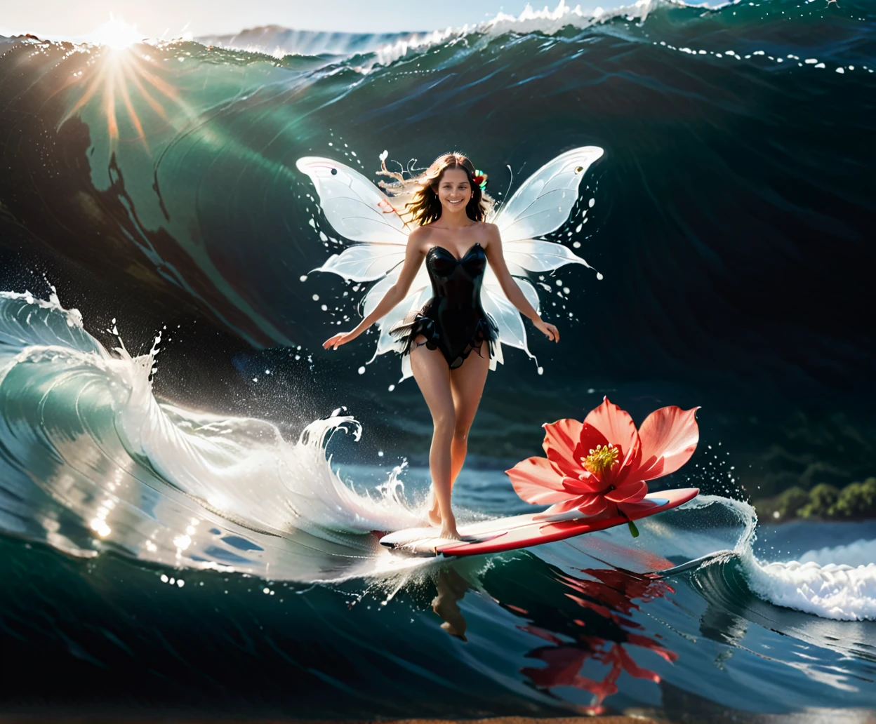 super photo realistic illustration, highres, ultla detailed, absurdres,(extremely beautiful lady:1.6), (intricate body painting:1.5),(ultra detailed embroidery camisole, frills:1.3),(ultra detailed mechanical large cat ears:1.3),beautiful long hair blowing in air, (full body:1.9),beautiful dark blue eyes, detailed eyes, shining eyes, open her mouth, perfect detailed red rips, smiling, seducing, cute, laughing, beautiful sea, ocean, (colorful:1.5), suspended moments, distorted reality, (sense of depth:1.8), expressive technique, tactile appeal, moody ambiance, flying butterflies, flower pedals