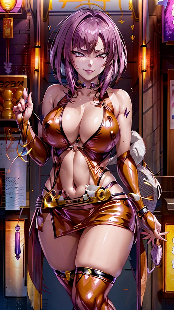 purple eyes, (best quality, masterpiece painting,:1.1), Oboro, mature female, full body shot, bodycon, micro skirt, navel cutout, mini skirt, purple hair, short hair, huge breasts,nude (narrow waist:1.1), cleavage, perfect body, (athletic body:1.1), soft skin, anime face, perfect face, (perfect eyes:1.1), purple irises, anime eyes, smoky eyeliner, eyeshadow, asian, smirking, looking at viewer, night city background, neon lights, sharp focus, intricate details, professional artwork, (vibrant colors:1.1), vivid colors, Diffused lighting, digital blending, ultra detailed body, ultra detail hair, ultra detail face, trending on pixiv, by Kagami Hirotaka, Harue Koga,