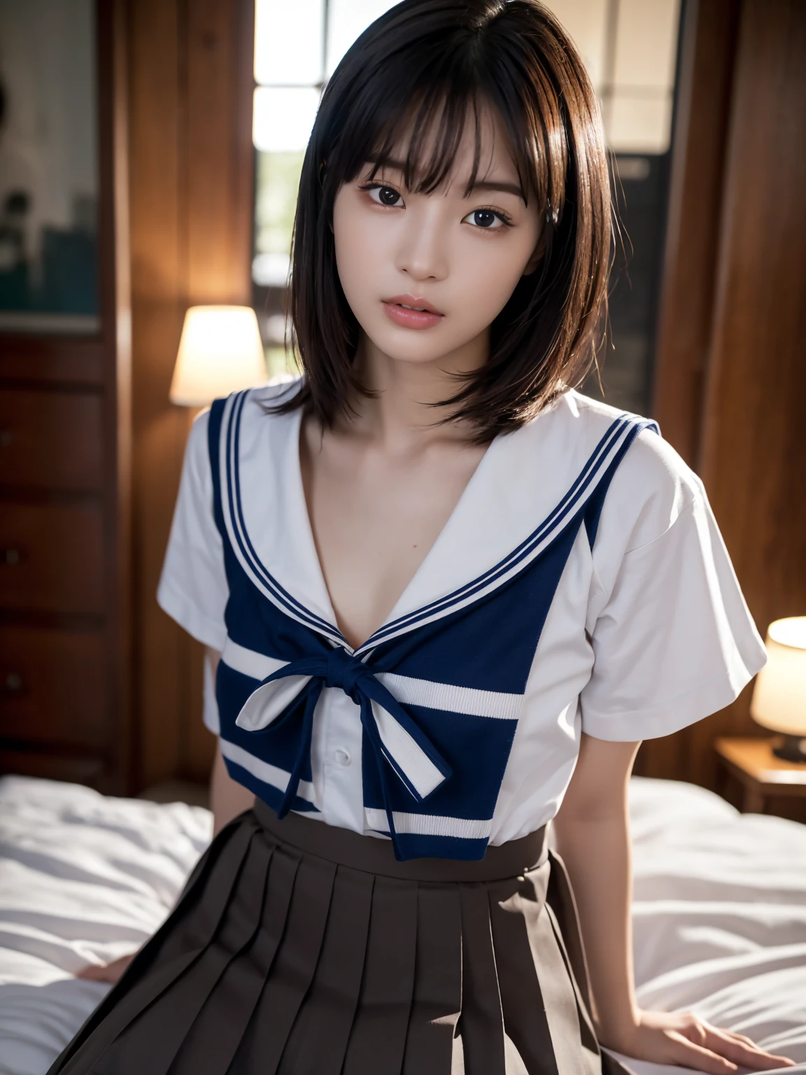 (masterpiece), Very detailed, Ultra-high resolution, Realistic, photo Realistic, High-resolution RAW color photos, Professional photos, Sharp focus, (Very detailed顔と肌の質感, Very beautiful eyes, Glossのある肌, Glowing Skin, Glowing Skin, Shining Face, Gloss, Oily skin, greasy face, Oily skin, greasy face,),, (real Glossのある肌 texture), Perfect Anatomy, Very detailed背景,((Hotel Bed)),(1 female,25-year-old woman, Japanese women),(short hair, Straight hair, bangs, Brown Hair),(Flat Chest:1.6), (((Japanese Sailor Suit,Japanese school sailor uniform, Pleated skirt)))、((((Strip uniforms))))