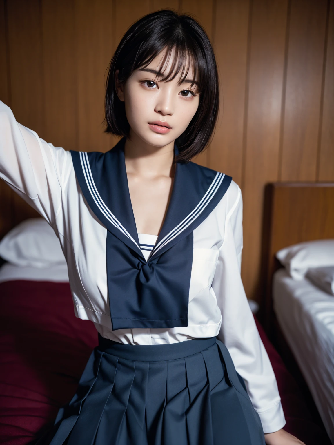 (masterpiece), Very detailed, Ultra-high resolution, Realistic, photo Realistic, High-resolution RAW color photos, Professional photos, Sharp focus, (Very detailed顔と肌の質感, Very beautiful eyes, Glossのある肌, Glowing Skin, Glowing Skin, Shining Face, Gloss, Oily skin, greasy face, Oily skin, greasy face,),, (real Glossのある肌 texture), Perfect Anatomy, Very detailed背景,((Hotel Bed)),(1 female,25-year-old woman, Japanese women),(short hair, Straight hair, bangs, Brown Hair),(Flat Chest:1.6), (((Japanese Sailor Suit,Japanese school sailor uniform, Pleated skirt)))、((((Strip uniforms))))