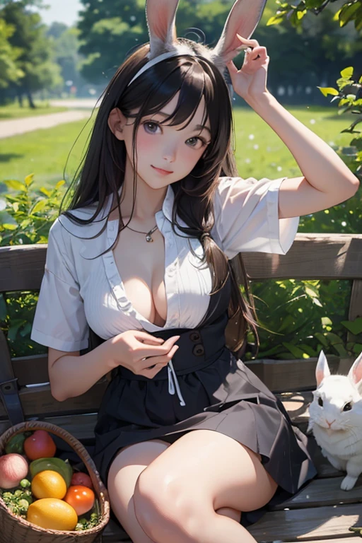 Highest quality、masterpiece、High sensitivity、High resolution、Detailed Description、Slender women、Summer clothes、Playing with rabbits、