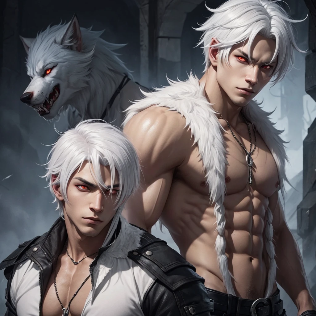 Draw a boy with light skin and white hair., Red eyes, with white werewolf characteristics.