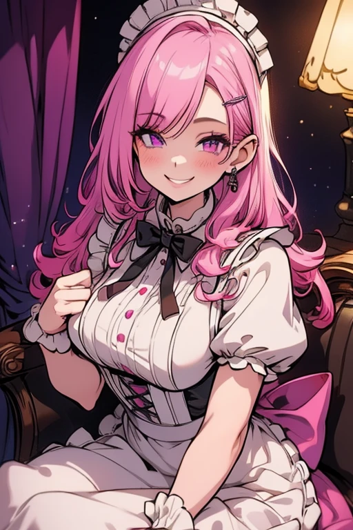 Perfect face. Perfect hands. A pink haired woman with violet eyes and an hourglass figure in a Lolita maid's outfit is sitting on a stool in a fancy maid cafe with a big smile