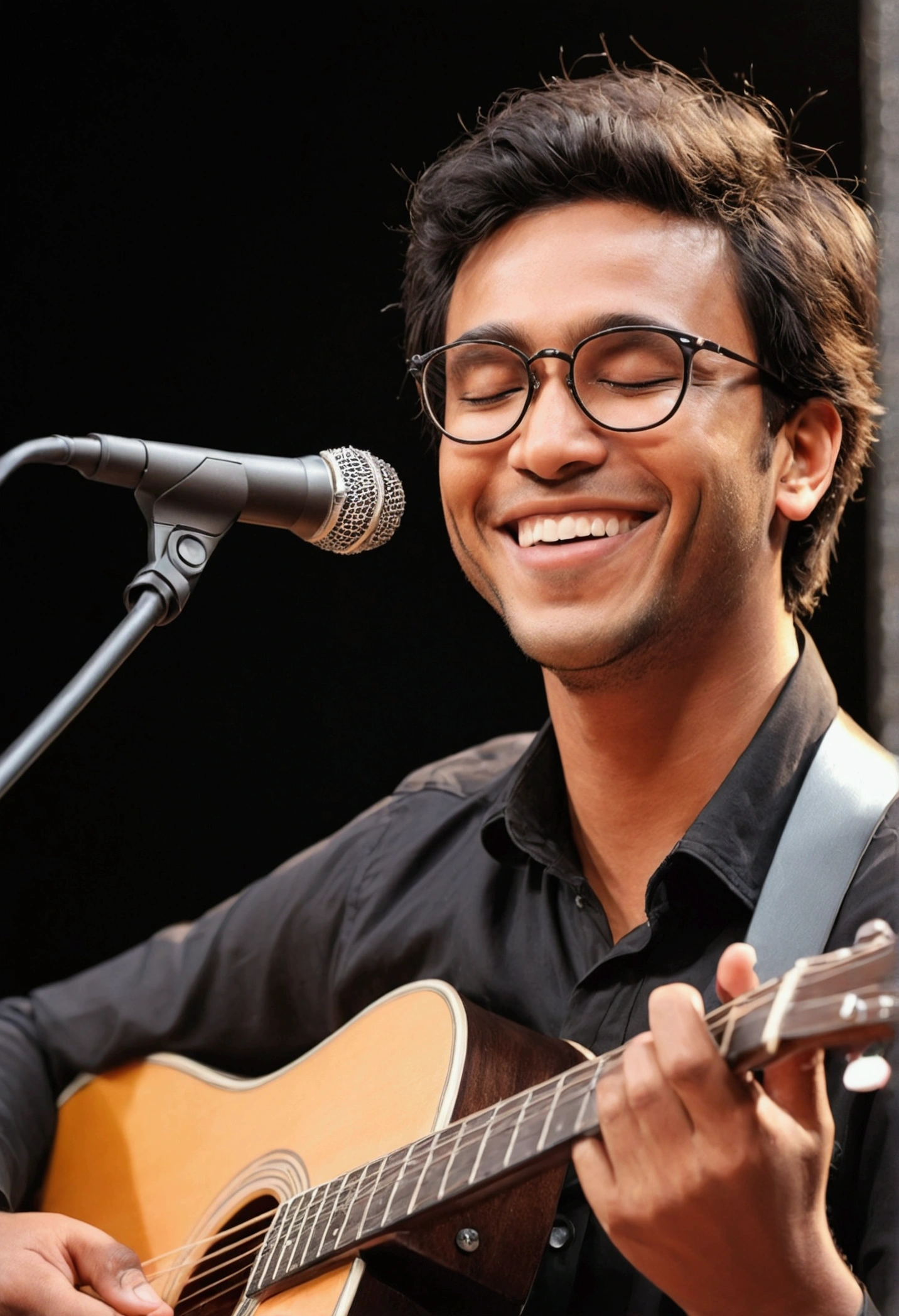 A 21 years brown guy with black short hair playing acoustic guitar smiling  with closed eye with rectangle specs on stage