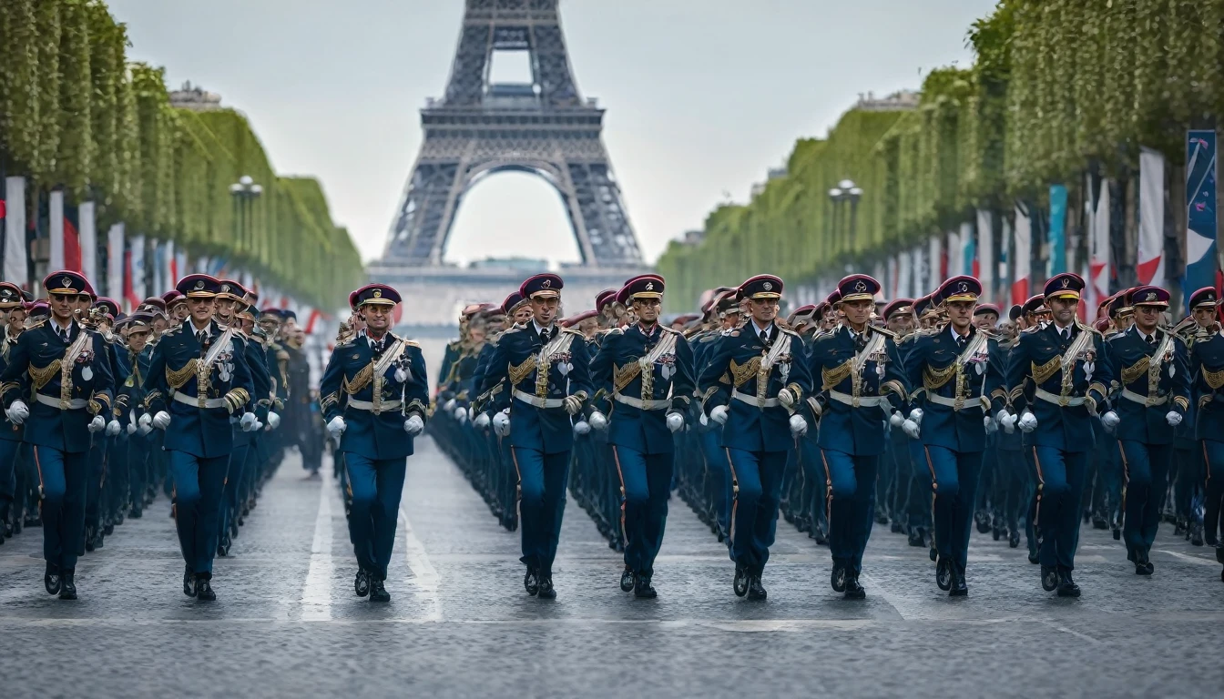 Exercito Marchando Champs Élysées ((Paris 2024))); shallow depth of field, highly detailed, high budget Hollywood film, bokeh, cinemascope, epic, gorgeous, film grain; "(Best Quality,High resolution); (bright and intense colors:1.1),(realist:1.1) graphic art style,Frightening