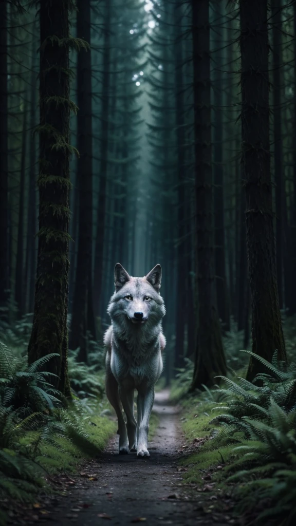 Create a scenario for a mobile wallpaper, the style is an image of a forest with a wolf with green eyes, it is in the center of the image, But not so far ahead of the picture , the background of the forest is dark, and the tone of the image is in dark green slime, moss, the whole scenario is in cinematic style, with a lot of details, ultra realistic. Dark colors, horror atmosphere, neons blurred in the background of the image very lightly.