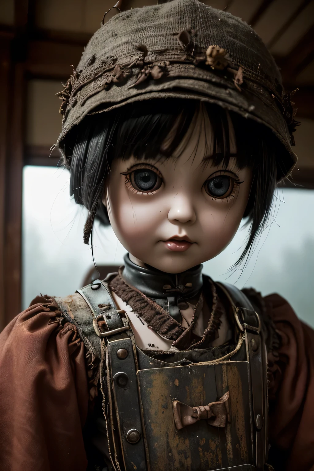 Dark fantasy, Thick Fog, ((Close-up on the doll))、canon 35mm lens、A creepy tin Japanese doll with cute eyes, Rusted, Dirty and cracked doll, Standing and walking、Indoors in Japan houses