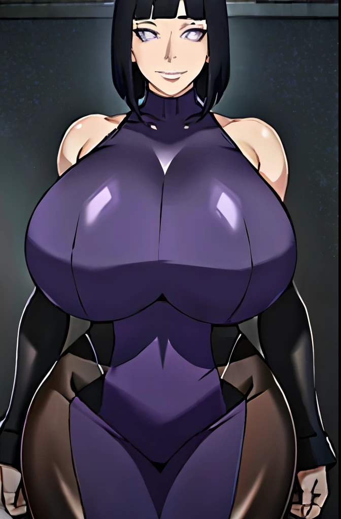 masterpiece, absurdres, hinata\(boruto\), 1girl, solo,mature female, minidress, perfect composition, detailed lips, gigantic breast, beautiful face, body propotion, short hair,  purple eyes,  soft gaze,  super realistic, detailed, photoshoot, realistic face and body, black turtleneck, (gigantic breasts: 1.1), curvy, cowboy shot, bare shoulders, seductive smile, inside, nightclub, cleavage, (gigantic breasts: 1.4)