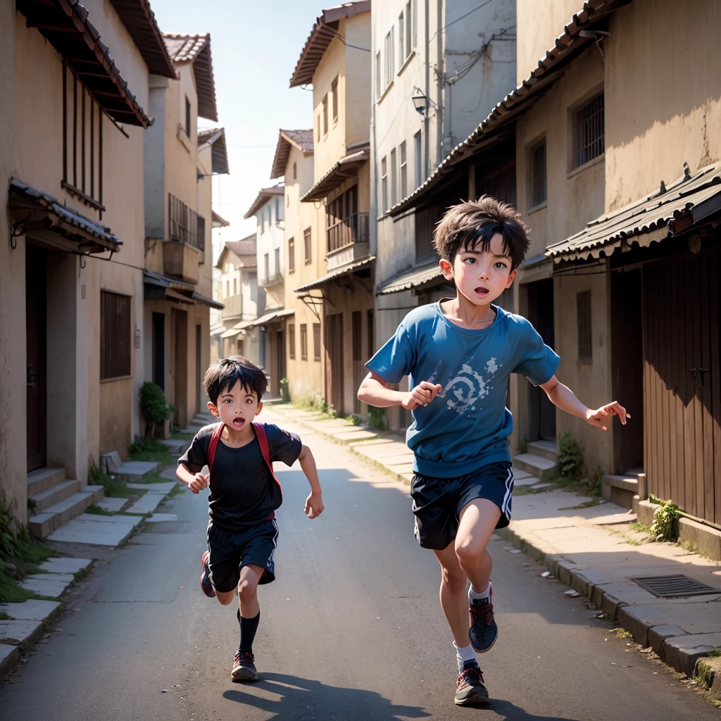 A boy running in the street of a village 