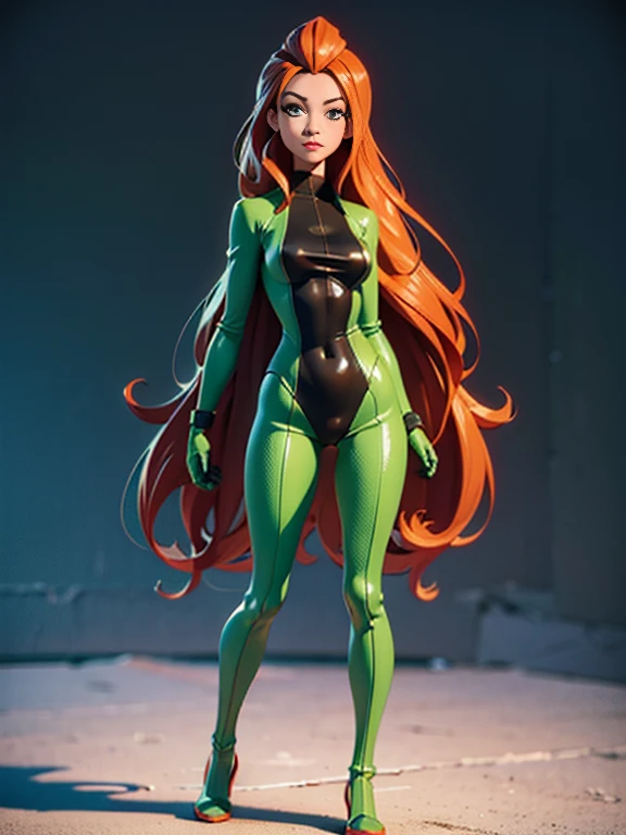 (masterpiece, best quality), full body, front view, ultra detailed 3d model, high quality 3d model, (t-pose), sam \(totally spies\), orange hair, long hair, green eyes, black swinsuit, one piece swimsuit, standing, arms at the side, blank background